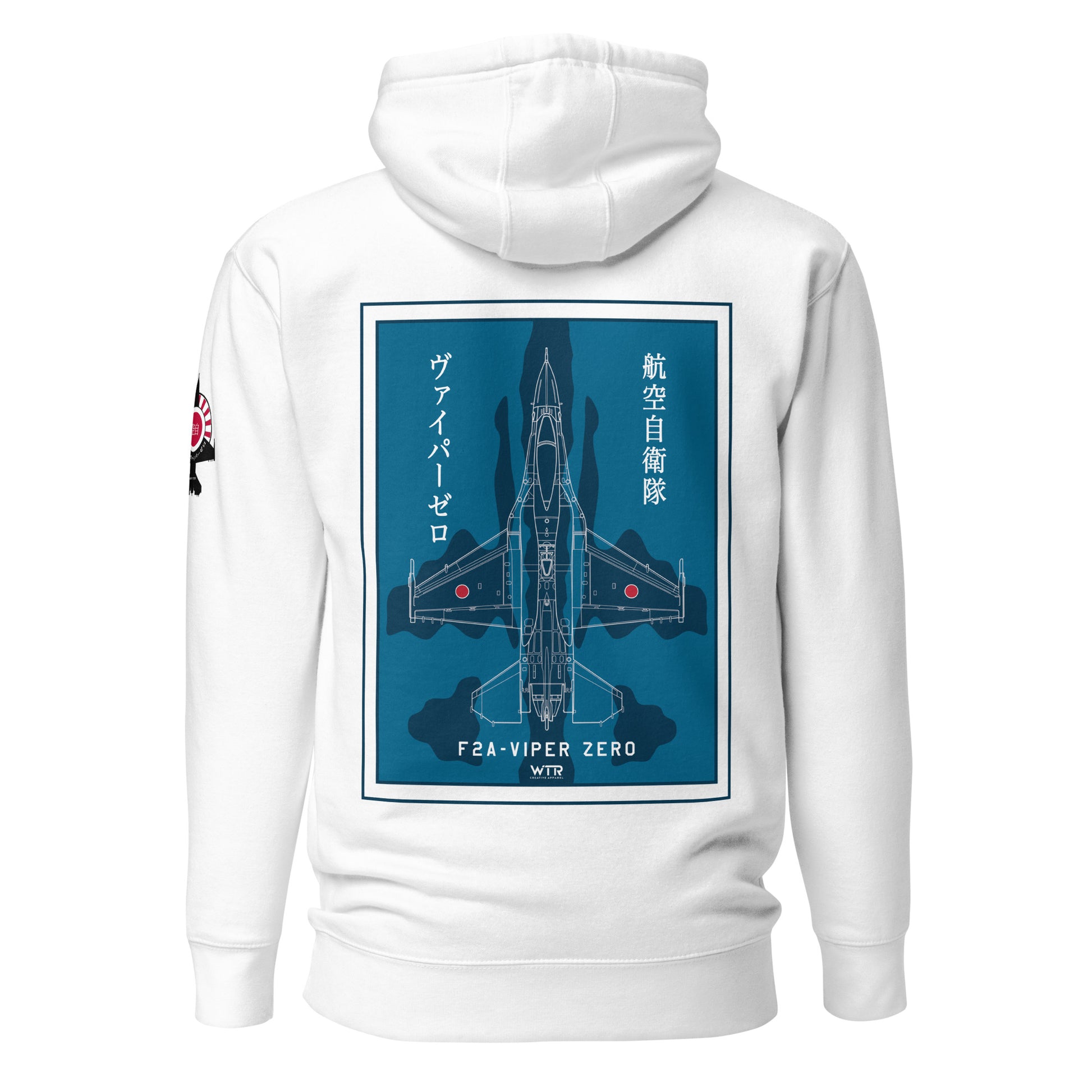 Hand-drawn schematic of the Mitsubishi F-2A Viper Zero in Maritime Blue Camouflage livery printed on a comfortable unisex hoodie.
