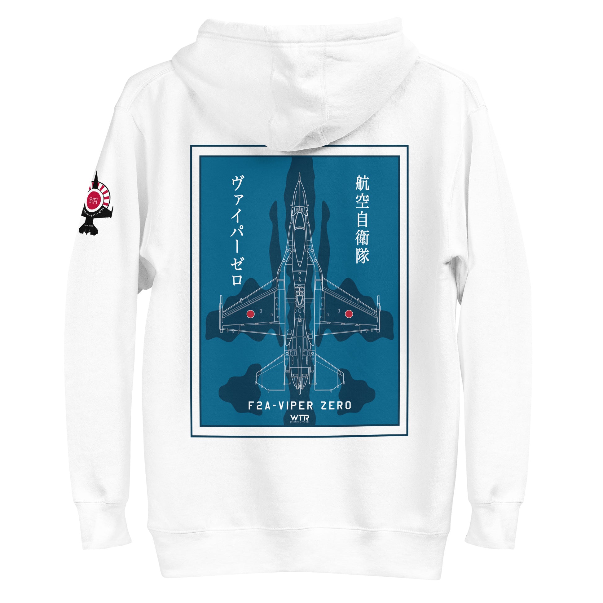Hand-drawn schematic of the Mitsubishi F-2A Viper Zero in Maritime Blue Camouflage livery printed on a comfortable unisex hoodie.