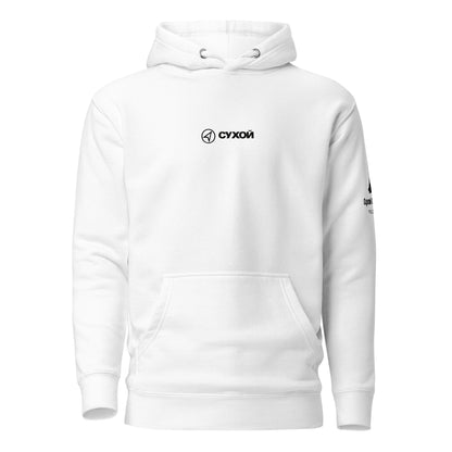 Hand-drawn schematic of the SUKHOI SU‑57 FELON printed on a unisex hoodie.