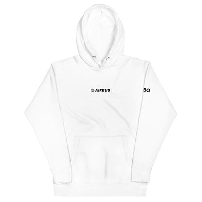 Hand-drawn schematic of the AIRBUS A380 SUPERJUMBO printed on a unisex hoodie.