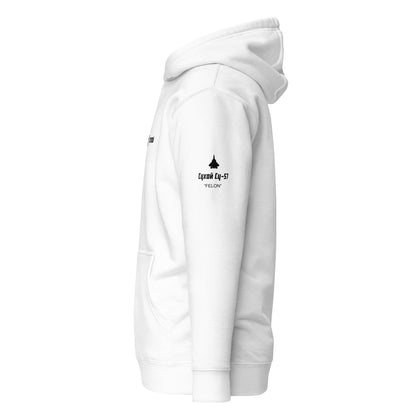 Hand-drawn schematic of the SUKHOI SU‑57 FELON printed on a unisex hoodie.