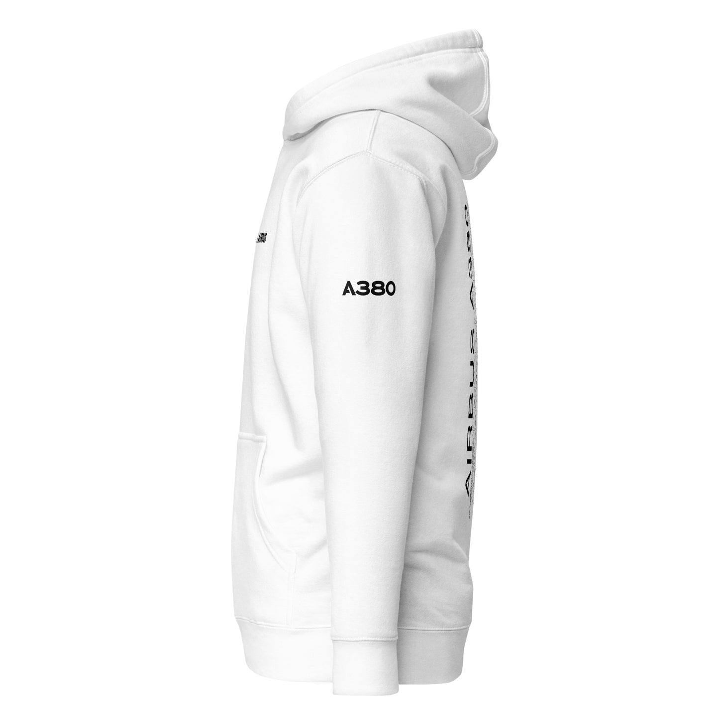 Hand-drawn schematic of the AIRBUS A380 SUPERJUMBO printed on a unisex hoodie.