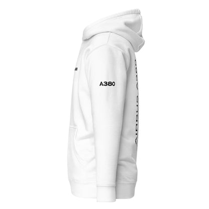Hand-drawn schematic of the AIRBUS A380 SUPERJUMBO printed on a unisex hoodie.