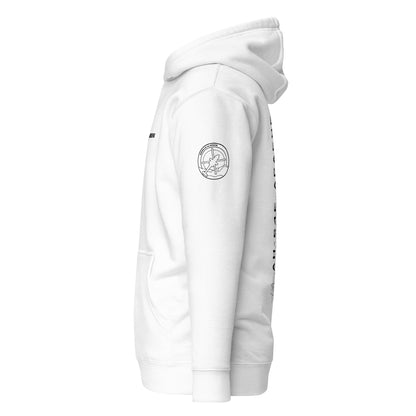 Hand-drawn schematic of the BOEING AH-64E APACHE GUARDIAN printed on a unisex hoodie.