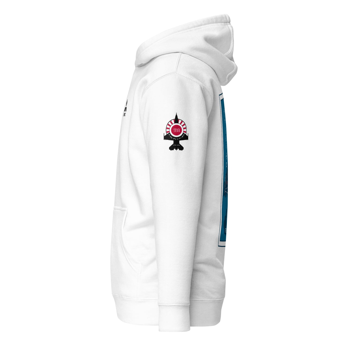 Hand-drawn schematic of the Mitsubishi F-2A Viper Zero in Maritime Blue Camouflage livery printed on a comfortable unisex hoodie.