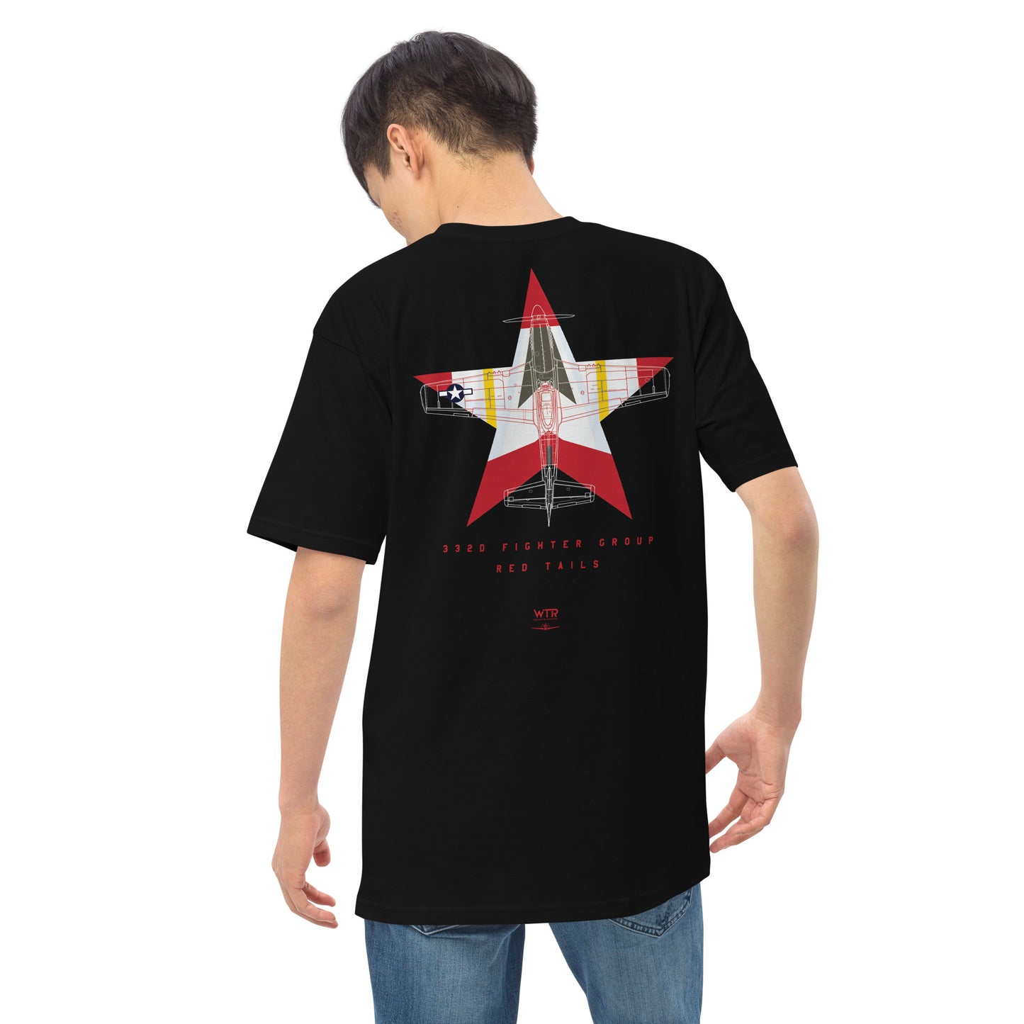 NORTH AMERICAN P-51D MUSTANG - 332ND EXPEDITIONARY OPERATIONS GROUP LIVERY EDITION (RED TAILS) — hand-drawn artwork printed on heavyweight T-shirt; special livery.
