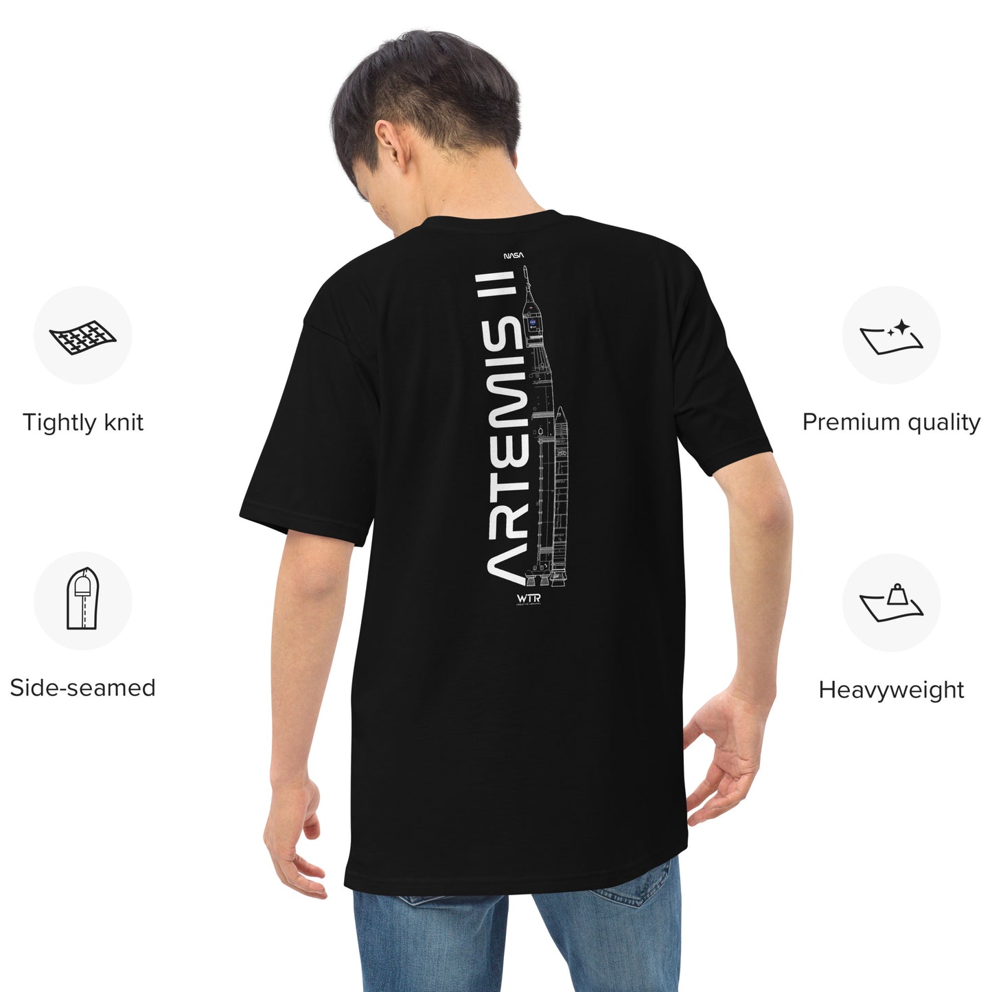 Hand-drawn crewed lunar mission schematic of the NASA Artemis II printed on a premium t-shirt.