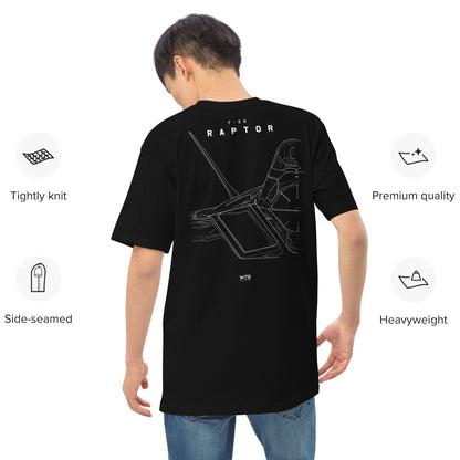 Hand-drawn technical study of the Lockheed Martin F-22 Raptor front canopy and nose section on a premium t-shirt.