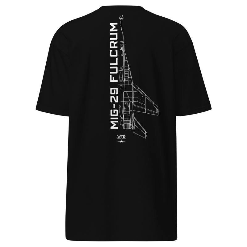 MIKOYAN MIG-29 FULCRUM — hand-drawn AIR SUPERIORITY schematic artwork printed on heavyweight T-shirt.