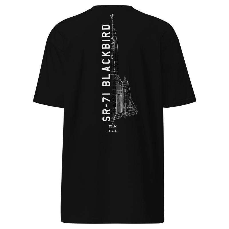 Hand-drawn technical schematic of the Lockheed Martin Skunk Works SR-71 Blackbird Habu on a premium t-shirt.
