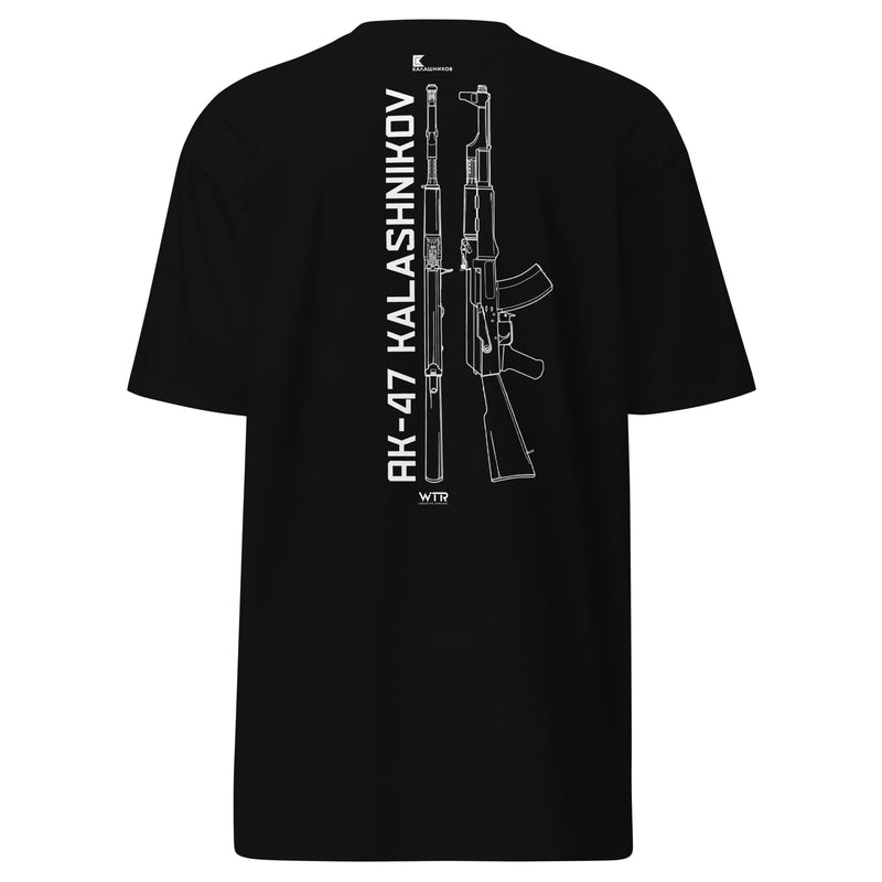 AK-47 KALASHNIKOV RIFLE — hand-drawn schematic artwork printed on heavyweight T-shirt.