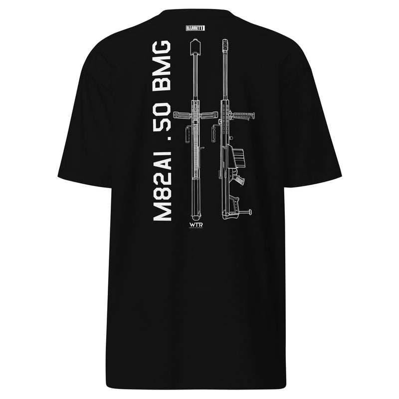 BARRETT M82A1 .50 BMG - ANTI‑MATERIEL RIFLE — hand-drawn schematic artwork printed on HEAVYWEIGHT T‑SHIRT.