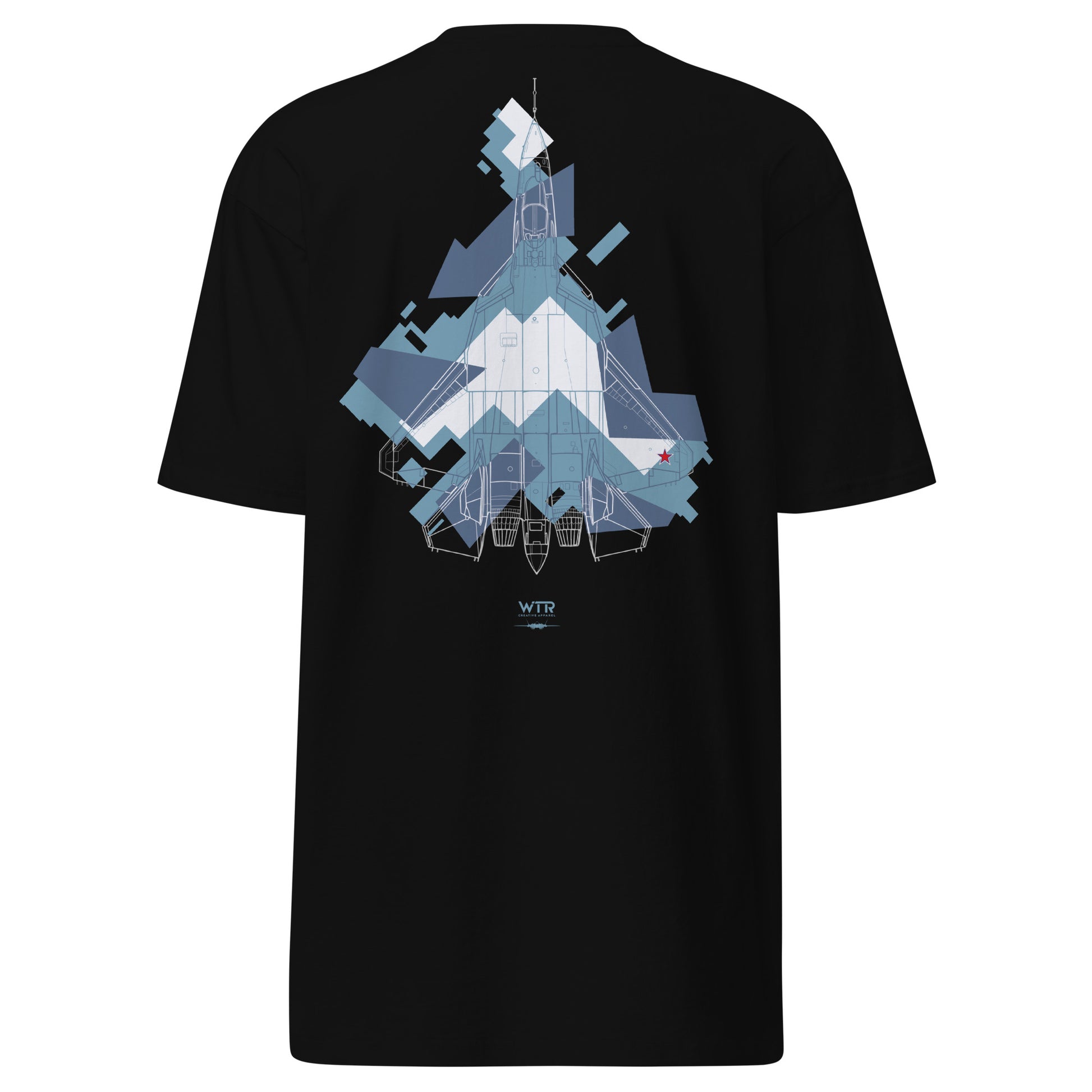 Hand-drawn technical splinter camouflage study of the Sukhoi SU-57 Felon stealth fighter on a premium t-shirt.