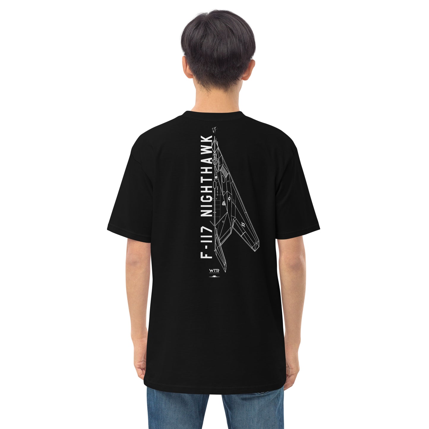 LOCKHEED MARTIN SKUNK WORKS F-117 NIGHTHAWK — hand-drawn ATTACK AIRCRAFT artwork printed on heavyweight T-shirt.