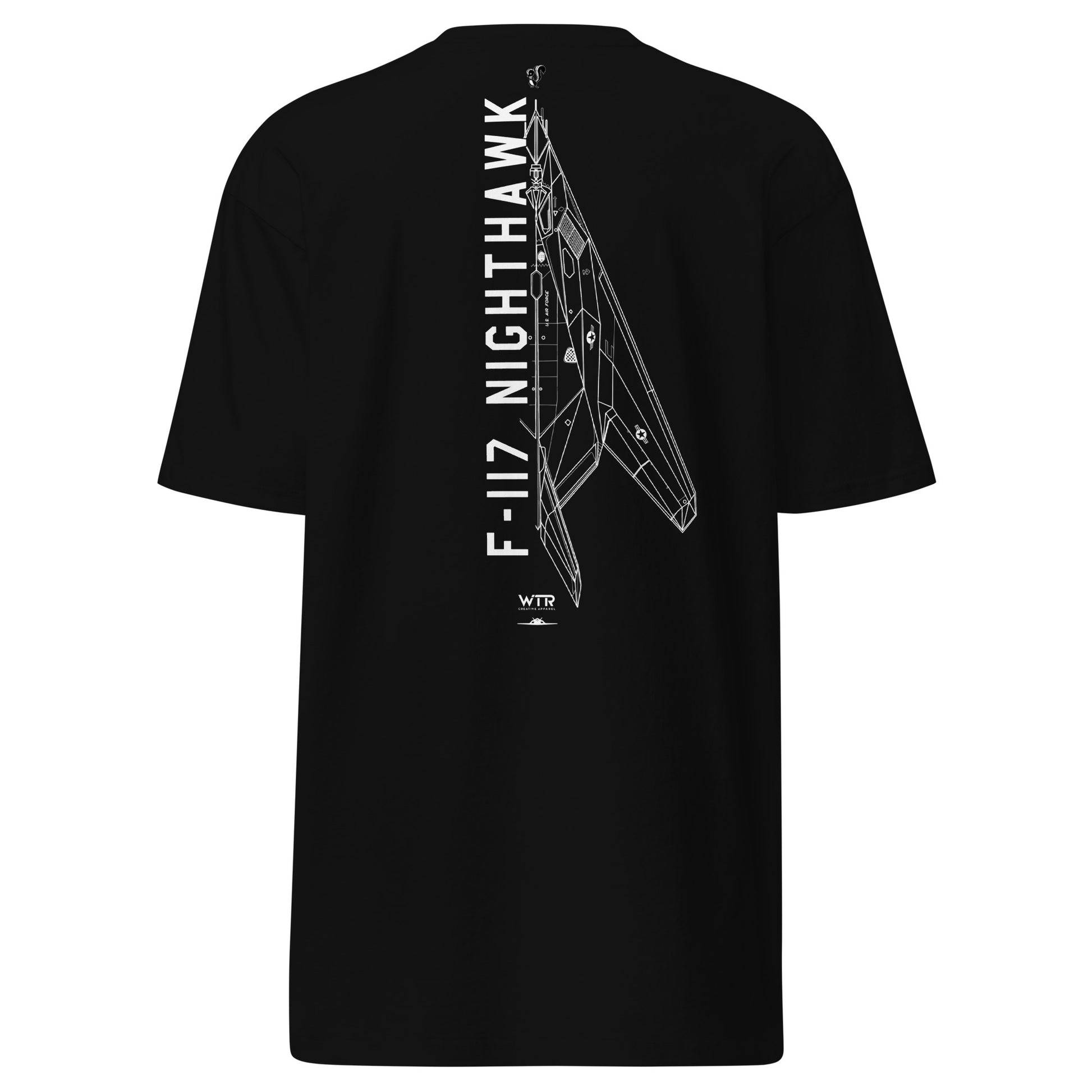 LOCKHEED MARTIN SKUNK WORKS F-117 NIGHTHAWK — hand-drawn ATTACK AIRCRAFT artwork printed on heavyweight T-shirt.