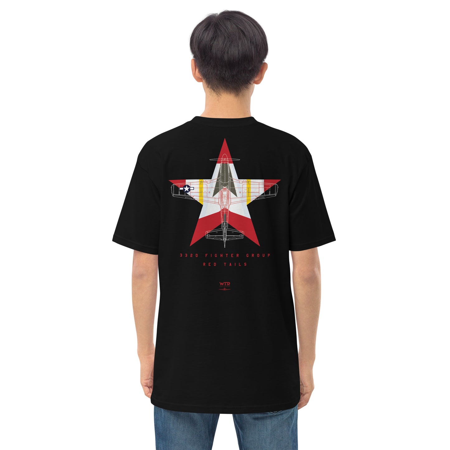 NORTH AMERICAN P-51D MUSTANG - 332ND EXPEDITIONARY OPERATIONS GROUP LIVERY EDITION (RED TAILS) — hand-drawn artwork printed on heavyweight T-shirt; special livery.