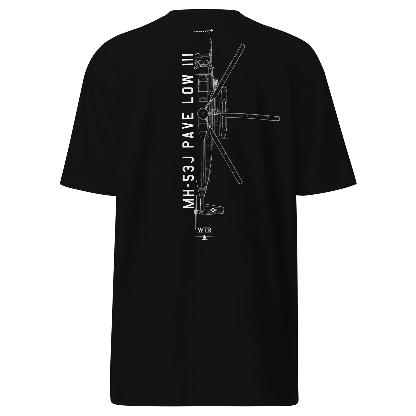 Hand-drawn schematic of the SIKORSKY MH-53J PAVE LOW printed on a heavyweight T-shirt.