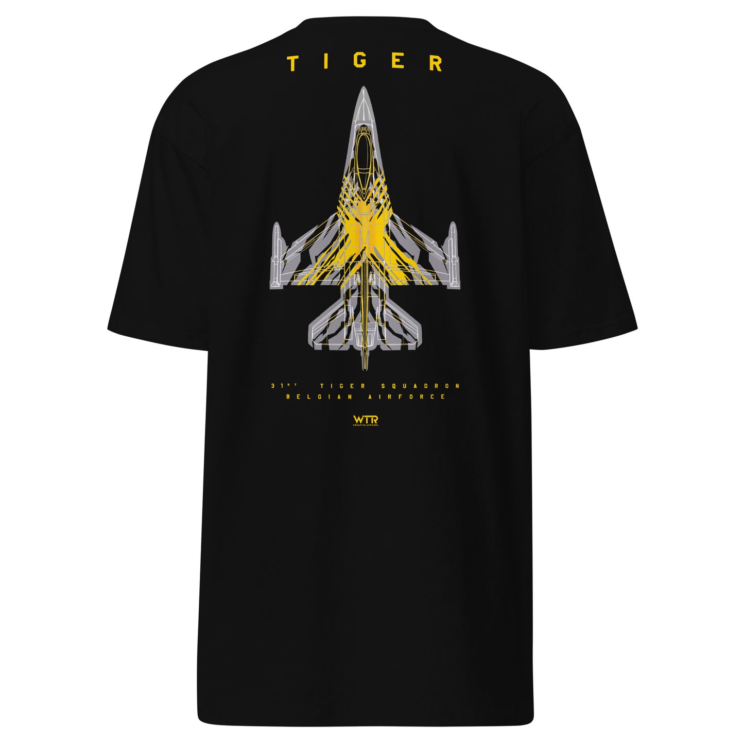 Hand-drawn schematic of the F-16 FIGHTING FALCON BELGIAN AIR FORCE 31ST TIGER SQUADRON (SPEC 2) printed on a heavyweight T-shirt.