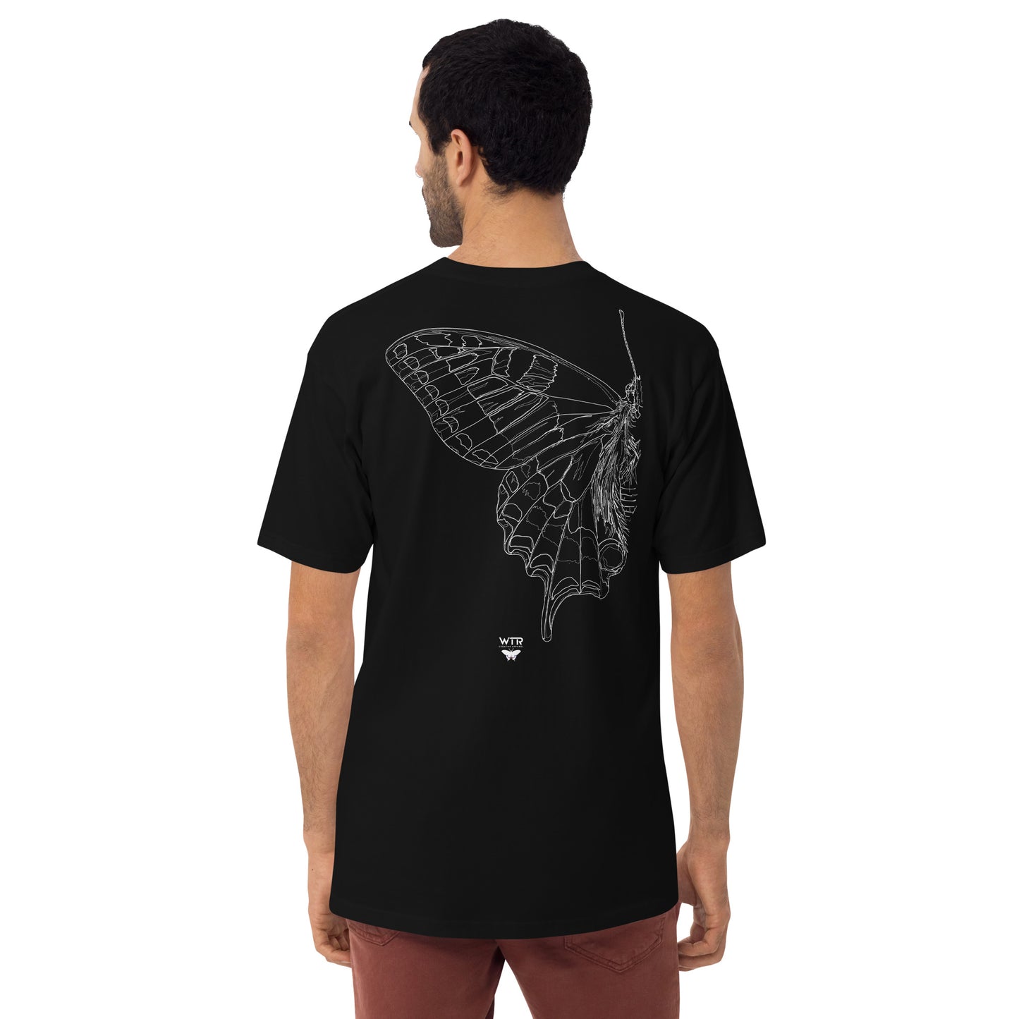 Hand-drawn schematic of the PAPILIO MACHAON OLD WORLD SWALLOWTAIL BUTTERFLY printed on a heavyweight T-shirt.