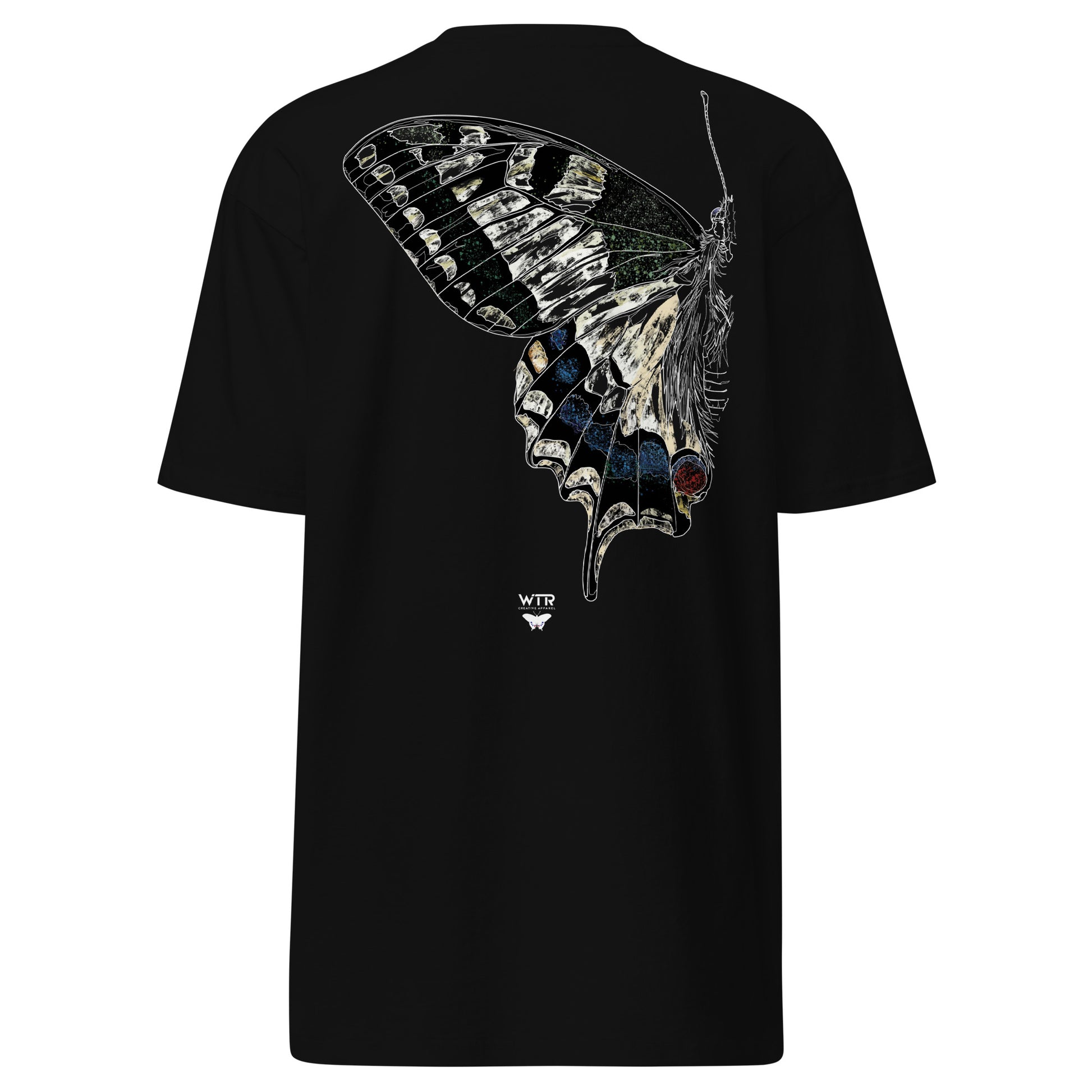 Hand-drawn schematic of the PAPILIO MACHAON OLD WORLD SWALLOWTAIL BUTTERFLY COLOURED printed on a heavyweight T-shirt.