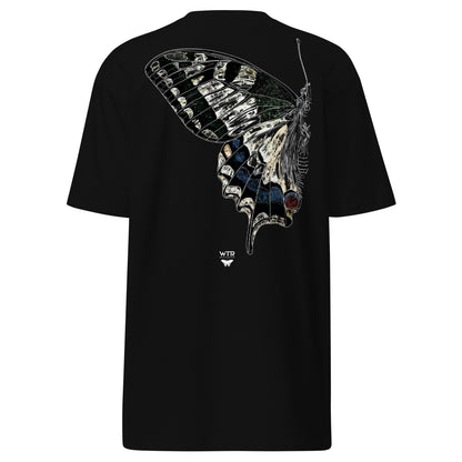Hand-drawn schematic of the PAPILIO MACHAON OLD WORLD SWALLOWTAIL BUTTERFLY COLOURED printed on a heavyweight T-shirt.