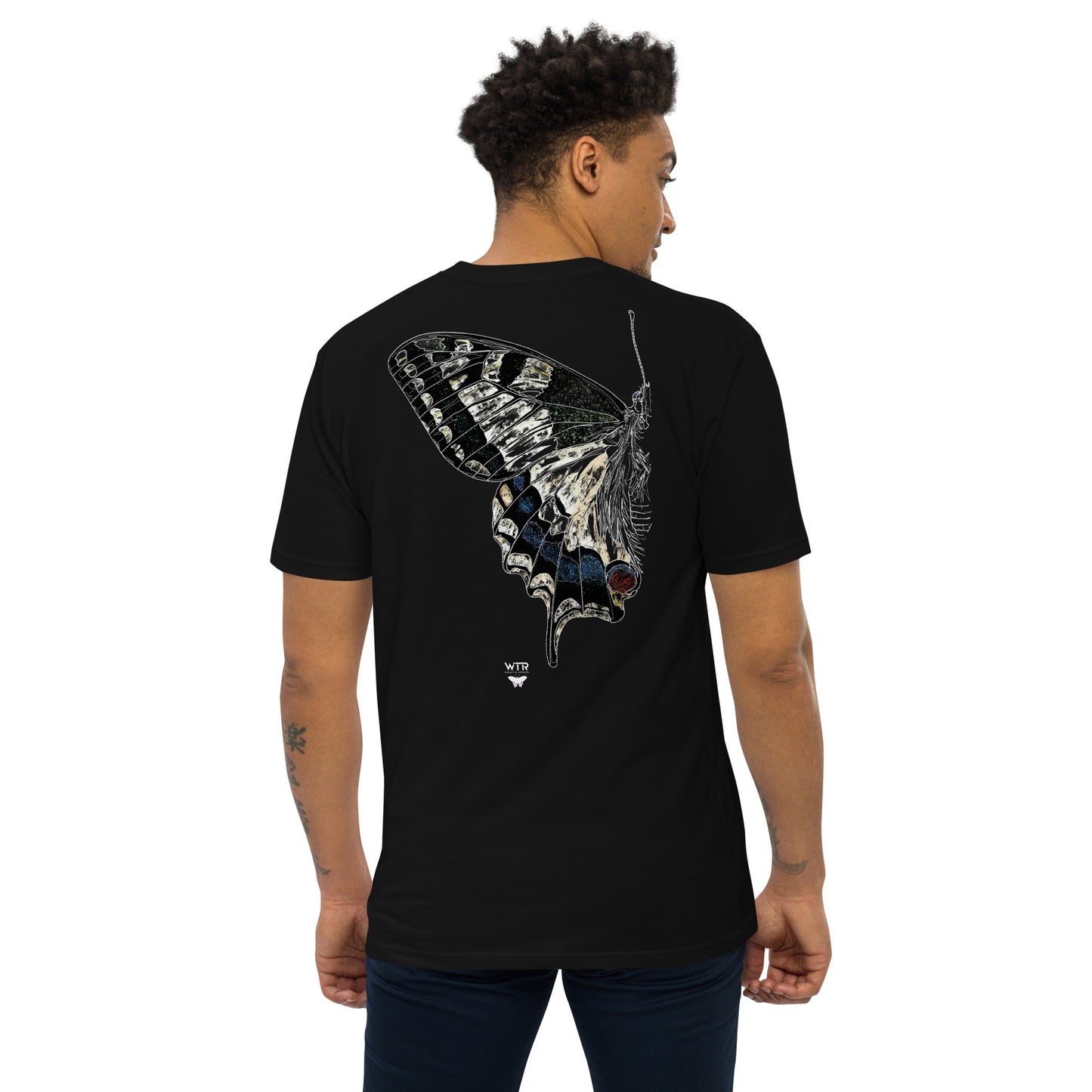 Hand-drawn schematic of the PAPILIO MACHAON OLD WORLD SWALLOWTAIL BUTTERFLY COLOURED printed on a heavyweight T-shirt.