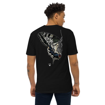 Hand-drawn schematic of the PAPILIO MACHAON OLD WORLD SWALLOWTAIL BUTTERFLY COLOURED printed on a heavyweight T-shirt.