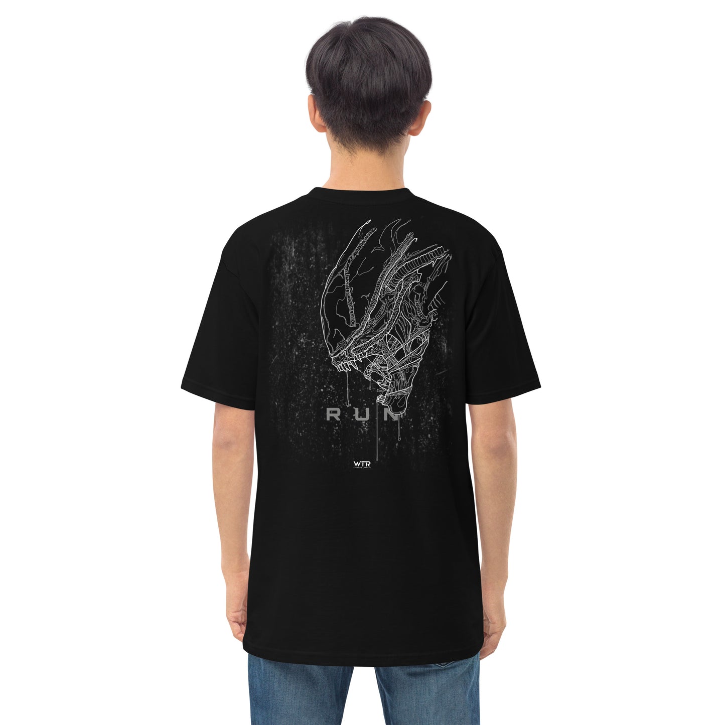 Hand-drawn schematic of the ALIEN XENOMORPH printed on a heavyweight T-shirt.