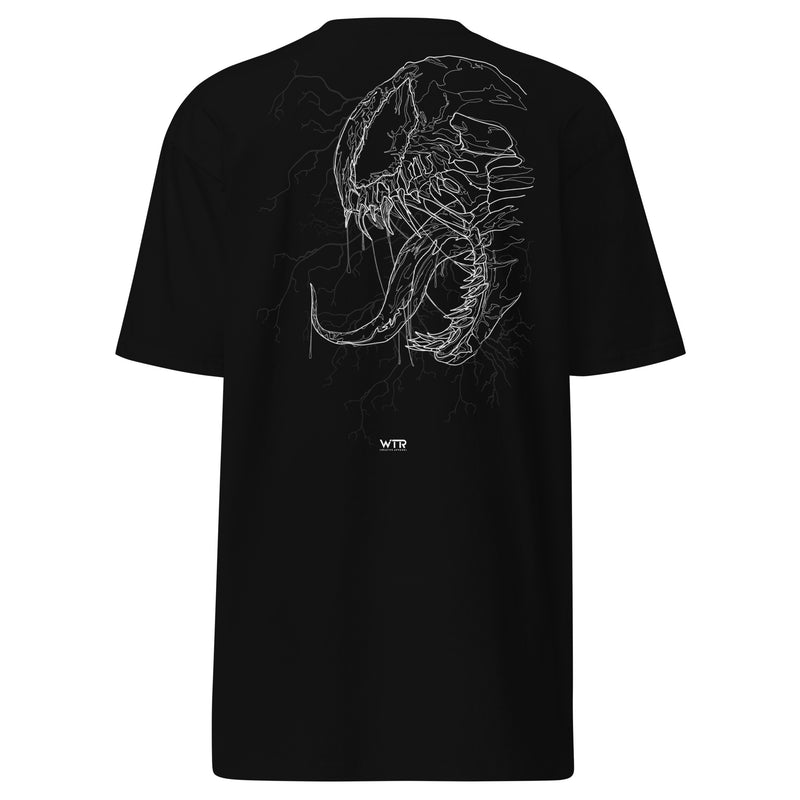 Hand-drawn schematic of the VENOM MONSTER SYMBIOTE-INSPIRED DESIGN printed on a heavyweight T-shirt.