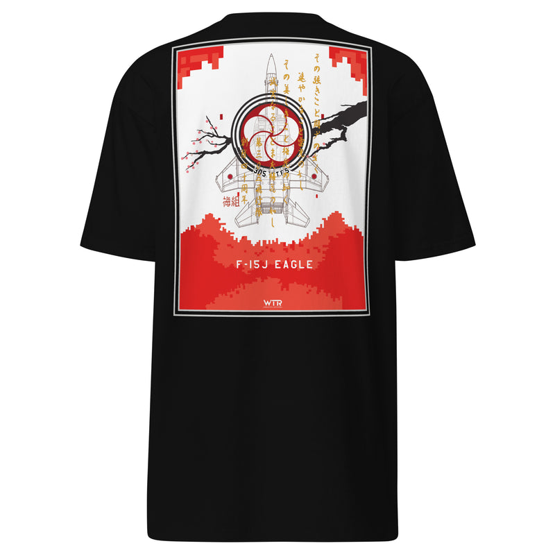 Hand-drawn schematic of the Mitsubishi F-15J Eagle 305th Tactical Fighter Squadron 40 Years livery on a premium heavyweight t-shirt.