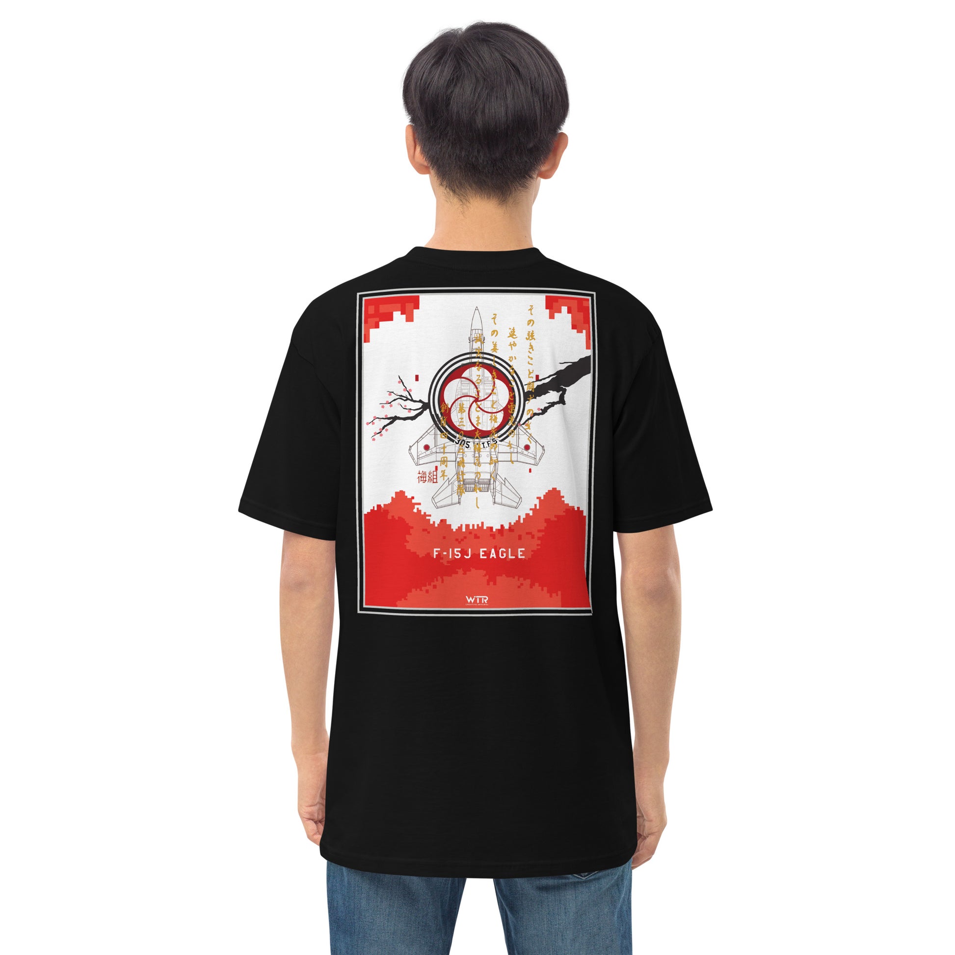 Hand-drawn schematic of the Mitsubishi F-15J Eagle 305th Tactical Fighter Squadron 40 Years livery on a premium heavyweight t-shirt.