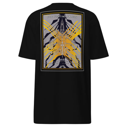 Hand-drawn schematic of the F-16 Fighting Falcon Belgian Air Force 31st X-Tiger camouflage on a premium t-shirt.