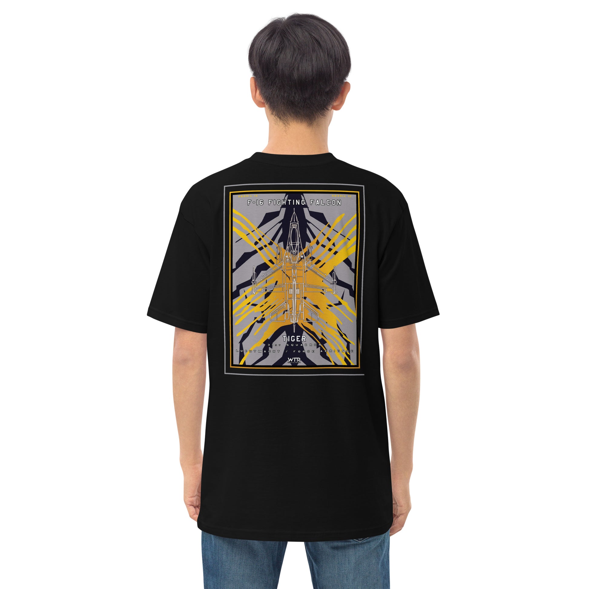 Hand-drawn schematic of the F-16 Fighting Falcon Belgian Air Force 31st X-Tiger camouflage on a premium t-shirt.