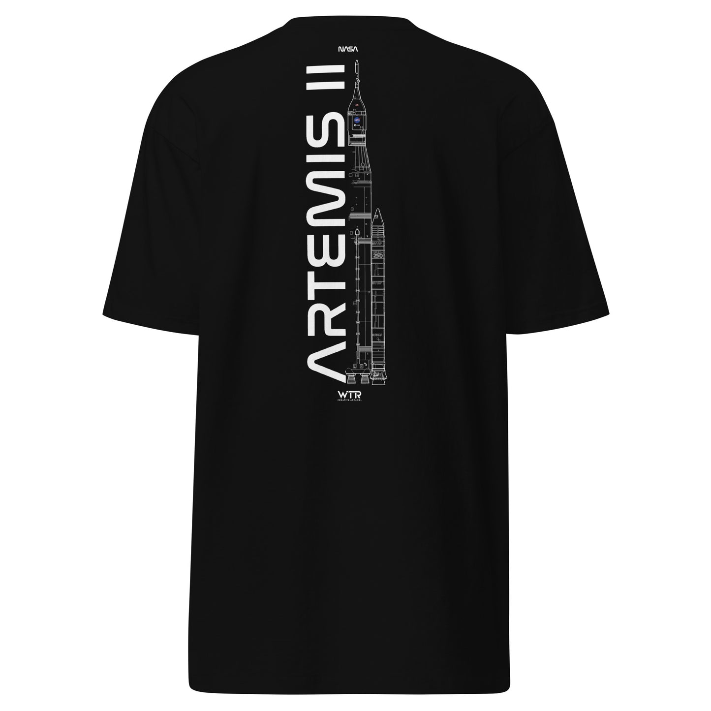 Hand-drawn crewed lunar mission schematic of the NASA Artemis II printed on a premium t-shirt.