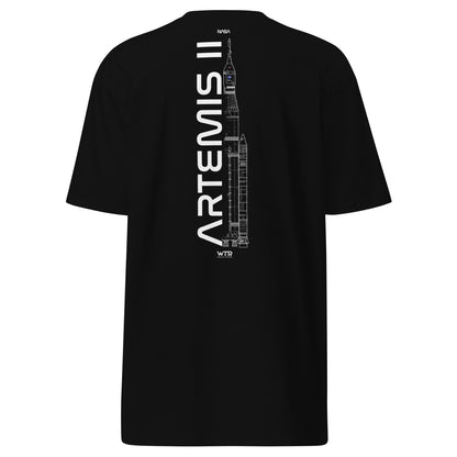 Hand-drawn crewed lunar mission schematic of the NASA Artemis II printed on a premium t-shirt.