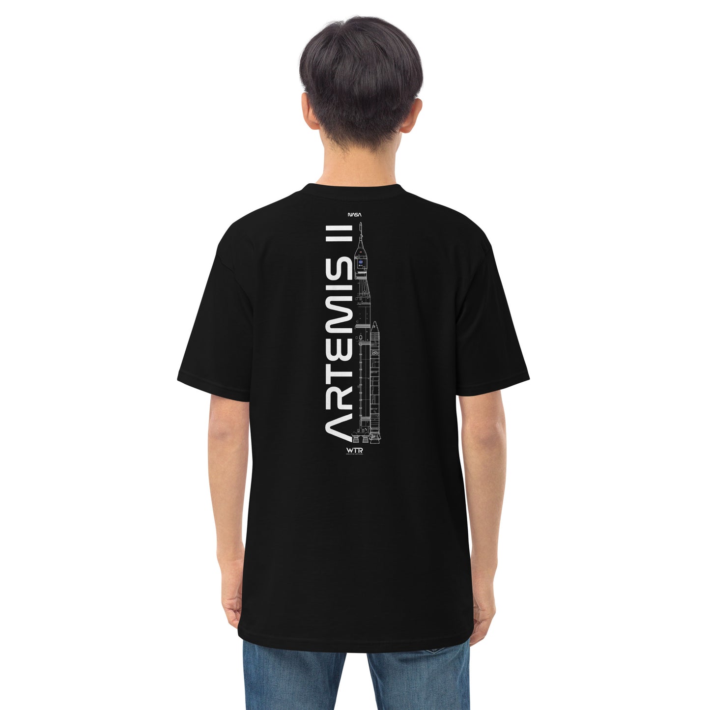 Hand-drawn crewed lunar mission schematic of the NASA Artemis II printed on a premium t-shirt.