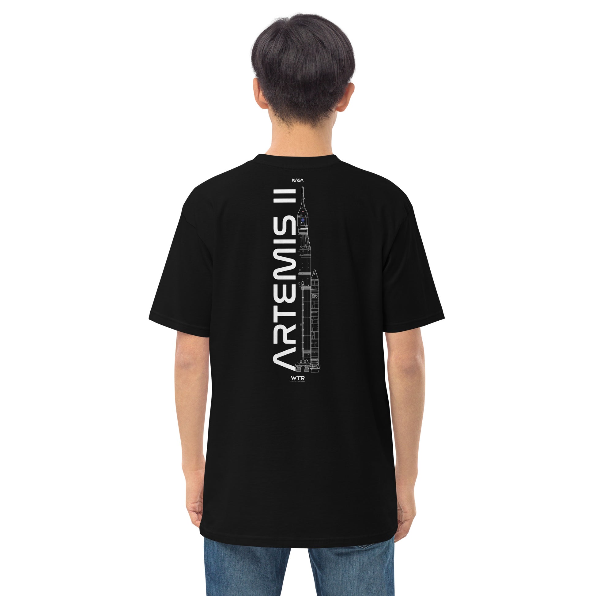 Hand-drawn crewed lunar mission schematic of the NASA Artemis II printed on a premium t-shirt.