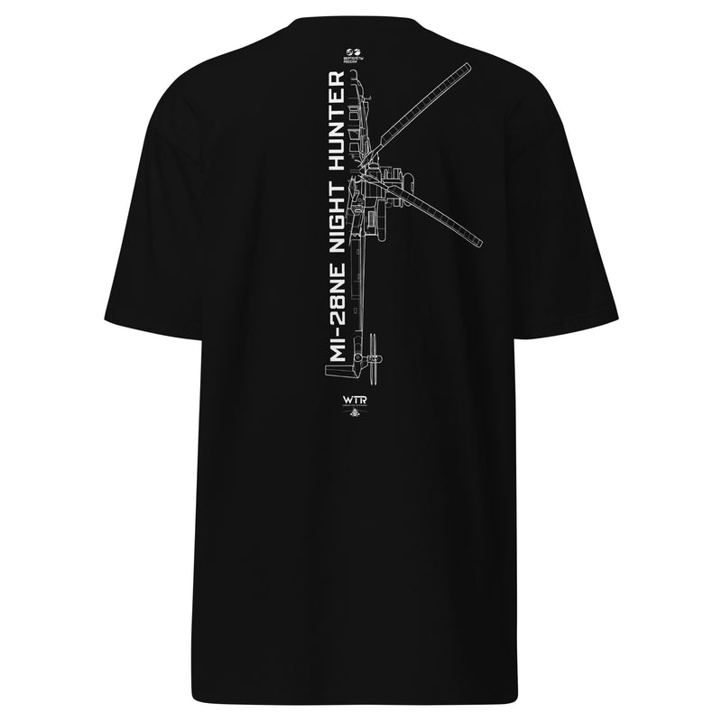 Hand-drawn technical schematic of the Mil Mi-28NE Night Hunter attack helicopter printed on a premium t-shirt.