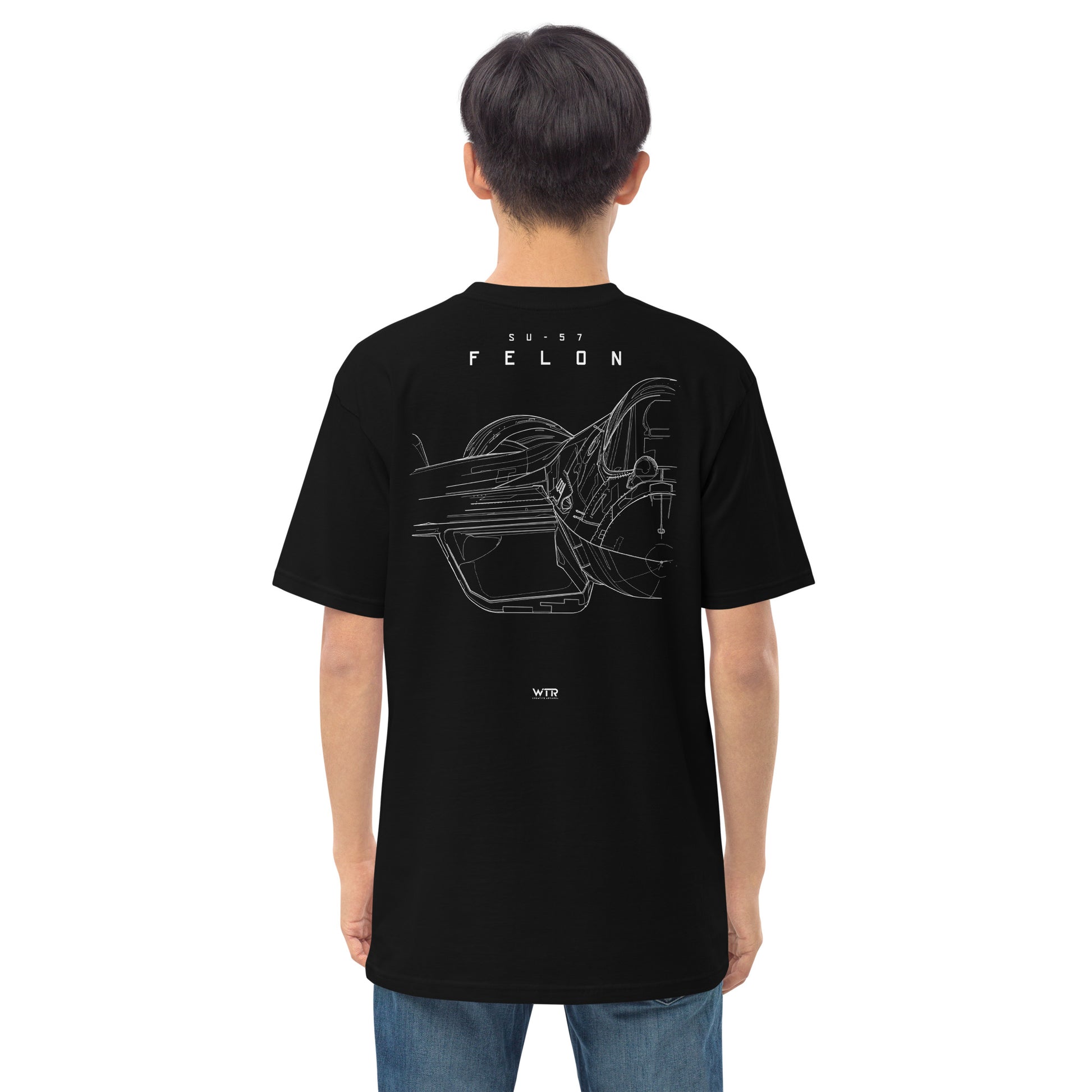 Hand-drawn front nose canopy study of the Sukhoi Su-57 Felon printed on a premium t-shirt.