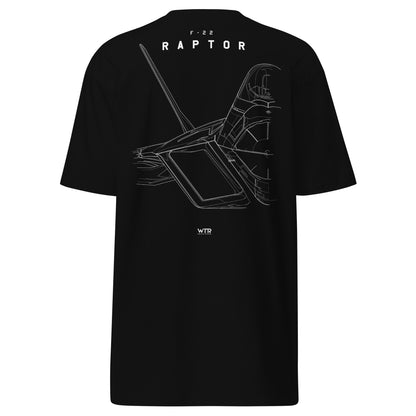 Hand-drawn technical study of the Lockheed Martin F-22 Raptor front canopy and nose section on a premium t-shirt.