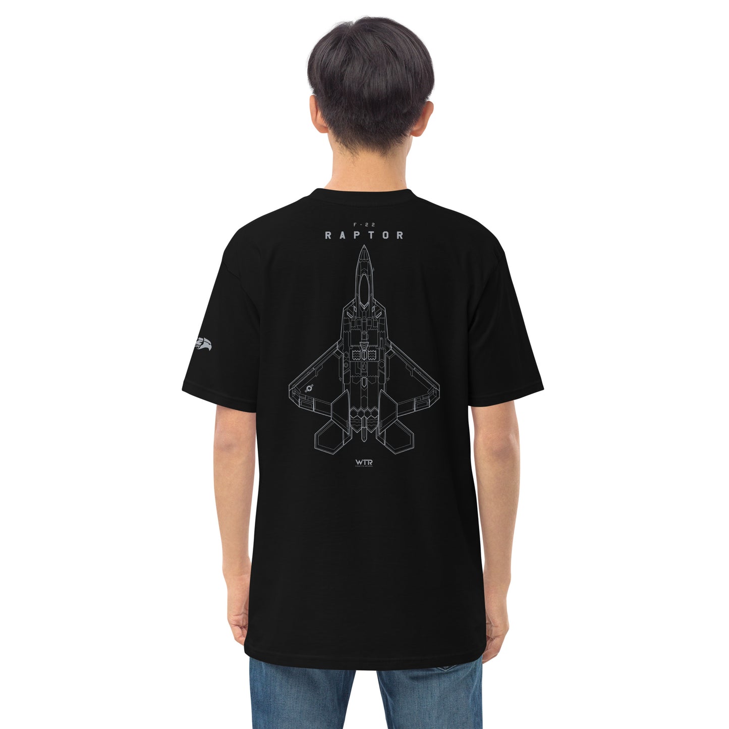Hand-drawn full schematic of the Lockheed Martin F-22 Raptor printed on a premium t-shirt.