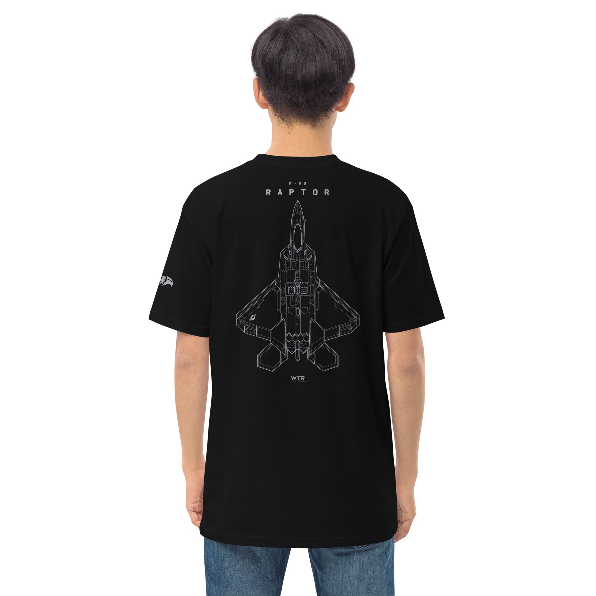 Hand-drawn full schematic of the Lockheed Martin F-22 Raptor printed on a premium t-shirt.