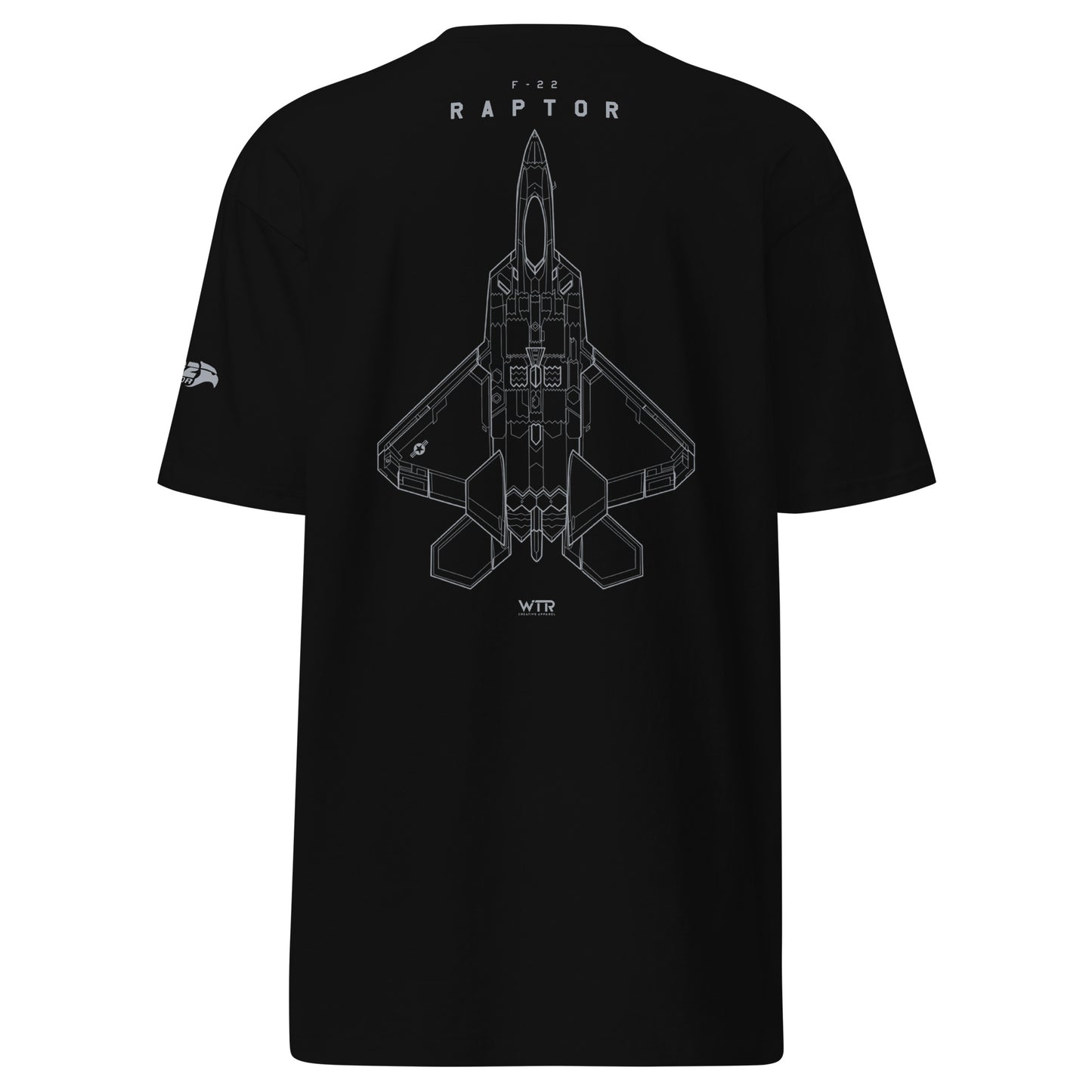 Hand-drawn full schematic of the Lockheed Martin F-22 Raptor printed on a premium t-shirt.