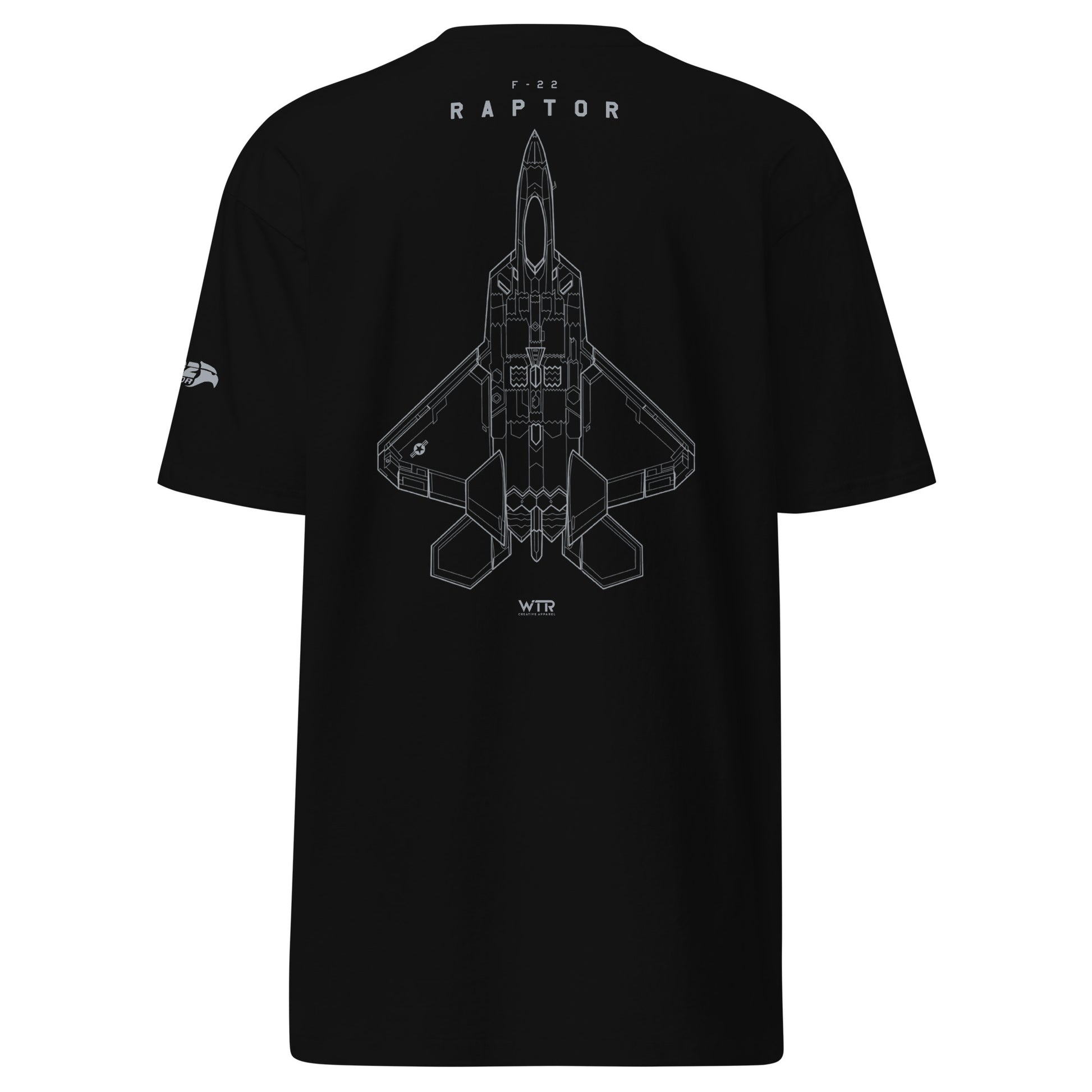 Hand-drawn full schematic of the Lockheed Martin F-22 Raptor printed on a premium t-shirt.