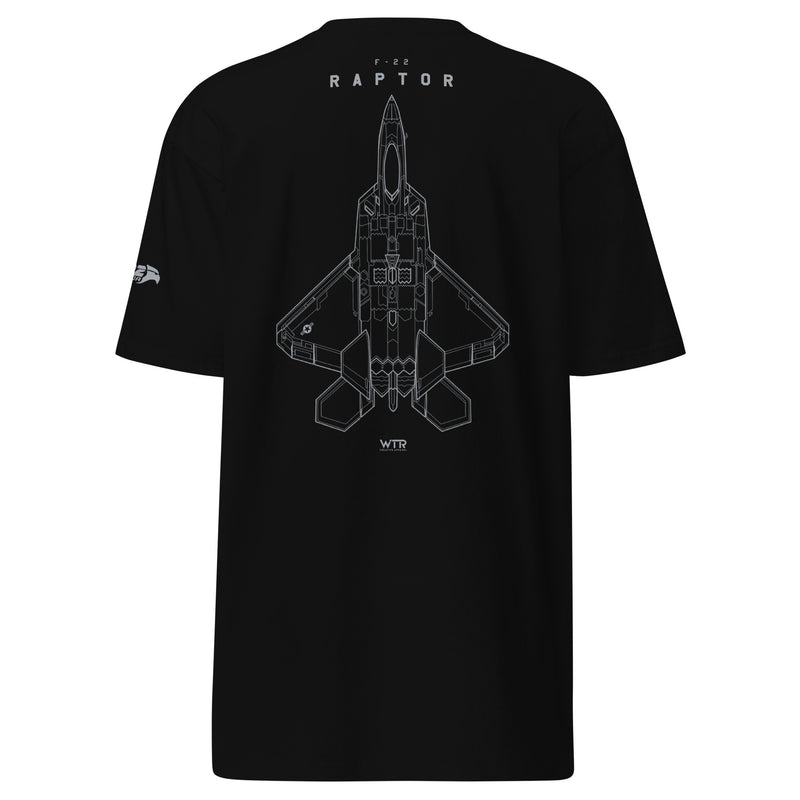 Hand-drawn full schematic of the Lockheed Martin F-22 Raptor printed on a premium t-shirt.