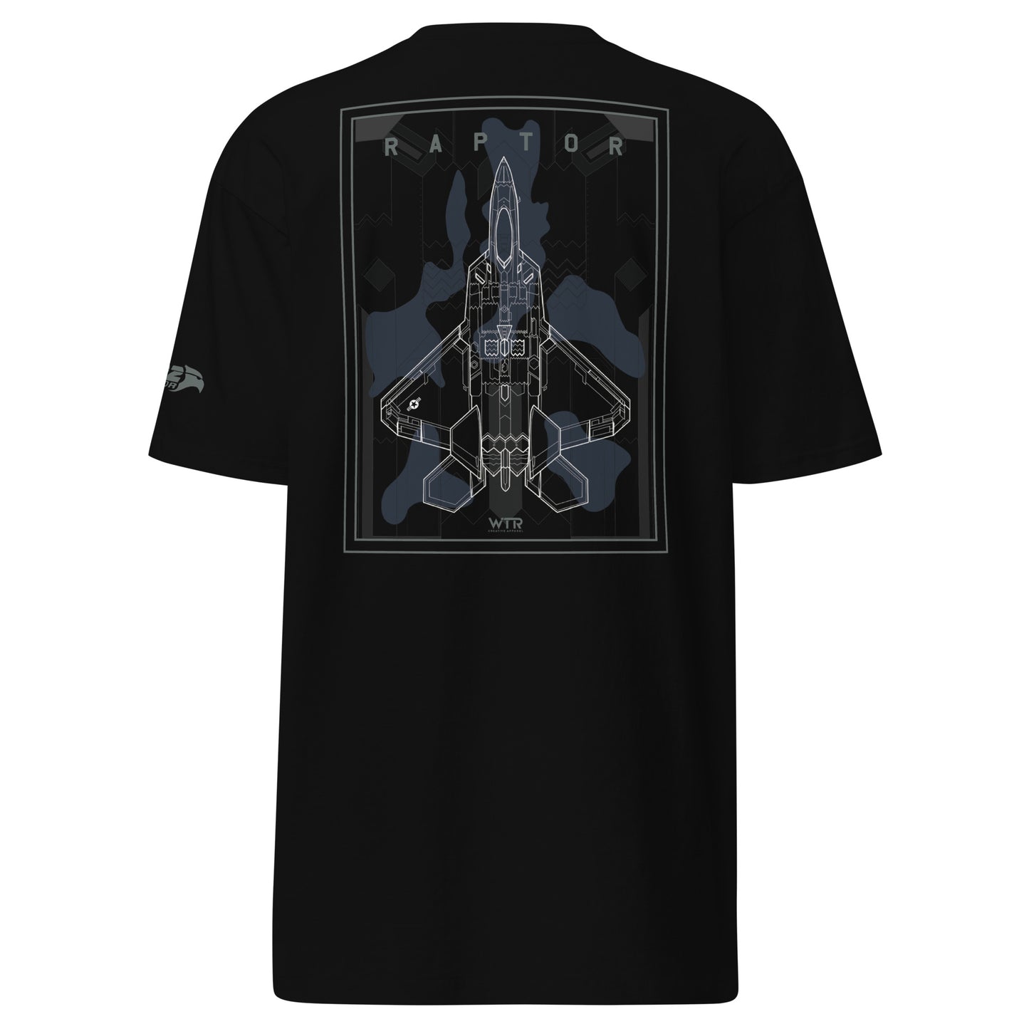 Hand-drawn schematic of the Lockheed Martin F-22 Raptor airframe and camouflage design printed on a premium t-shirt.
