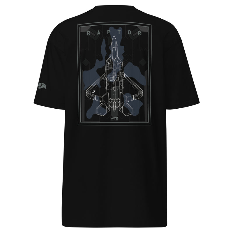Hand-drawn schematic of the Lockheed Martin F-22 Raptor airframe and camouflage design printed on a premium t-shirt.