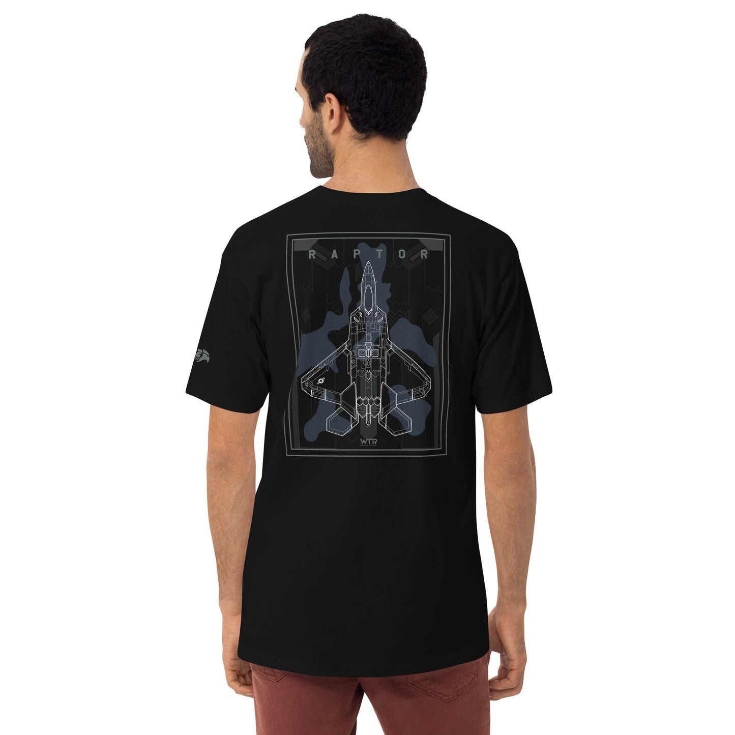 Hand-drawn schematic of the Lockheed Martin F-22 Raptor airframe and camouflage design printed on a premium t-shirt.