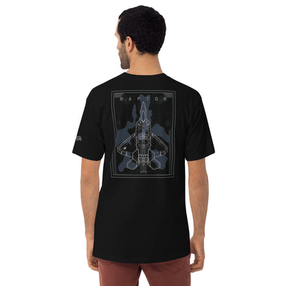 Hand-drawn schematic of the Lockheed Martin F-22 Raptor airframe and camouflage design printed on a premium t-shirt.