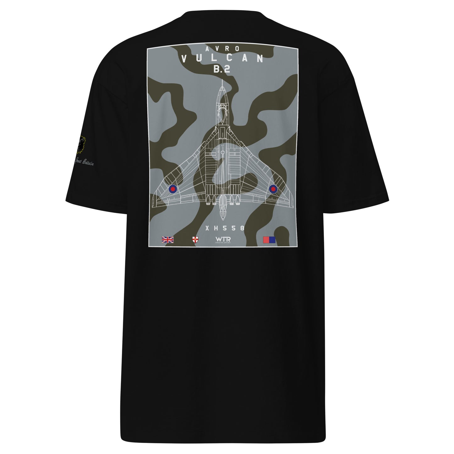 Hand-drawn technical camouflage study of the Avro Vulcan B.2 XH558 strategic bomber printed on a premium t-shirt.